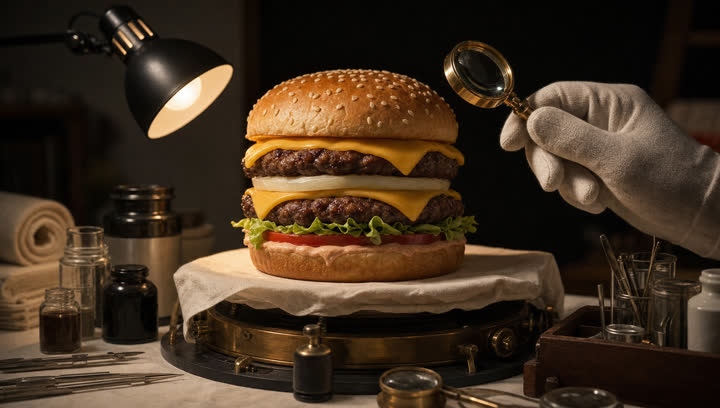 Board, the burger under the loupe and raking light